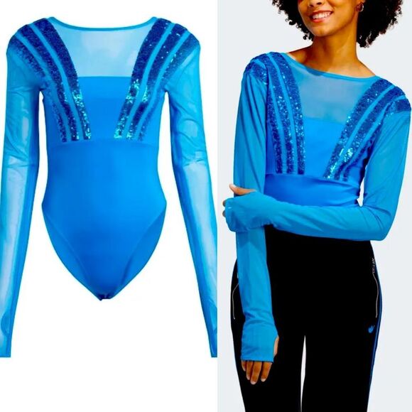 Adidas Originals Three Stripe Detailed  Santiago Bodysuit blue mesh sequin M - Picture 1 of 13